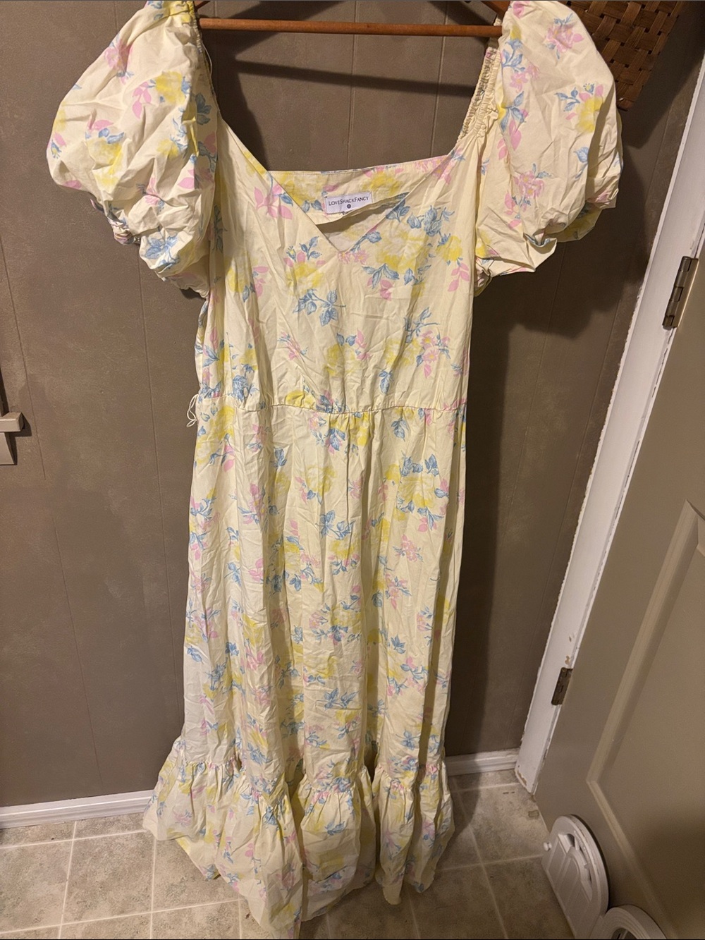LoveShackFancy Pale Yellow Floral Maxi Dress with Pink & Blue Accents